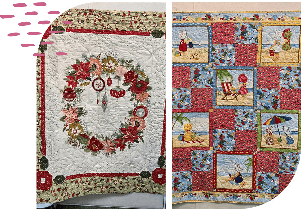 Two festive holiday quilt panels with Christmas-themed designs.