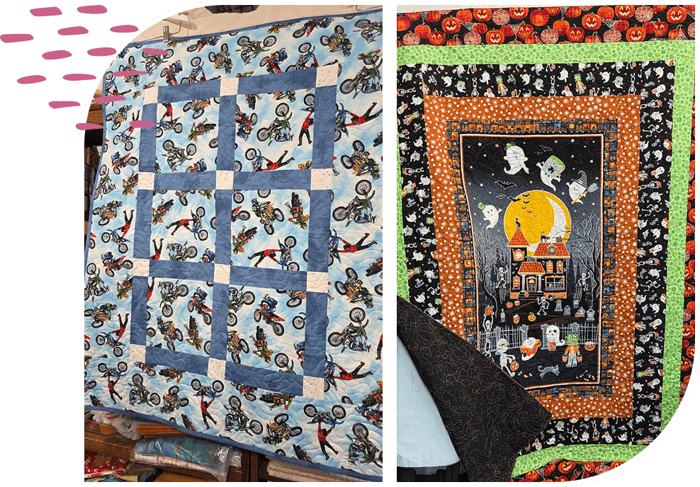 Two Halloween-themed quilts with festive patterns and colors.