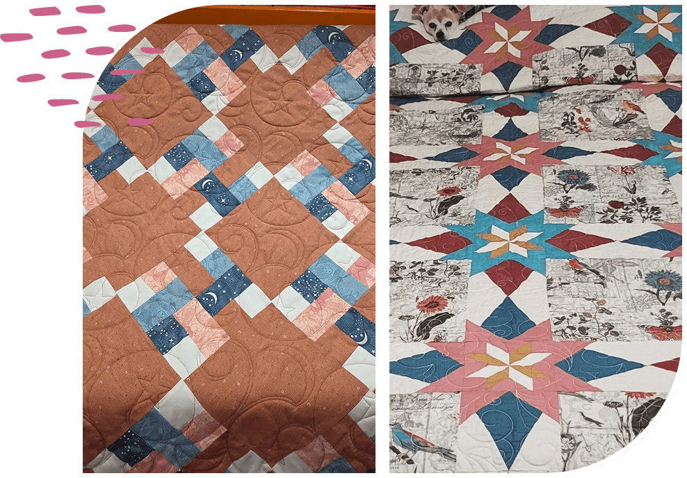 Two patchwork quilts with intricate star and square patterns.