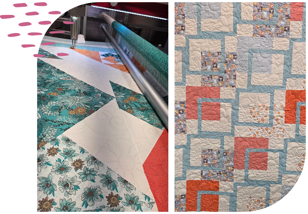 Close-up of a quilt with colorful geometric patterns.