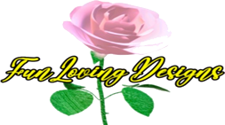 Pink rose with "Fun Loving Designs" text.