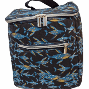 Compact black lunch bag with blue and yellow leaf patterns and a front zipper pocket.