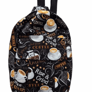 Backpack with a coffee-themed design featuring cups and coffee-related words.