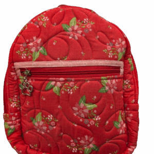 Red floral-patterned backpack with a front zipper pocket.