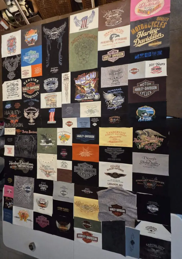 Collection of Harley-Davidson T-shirt designs displayed.