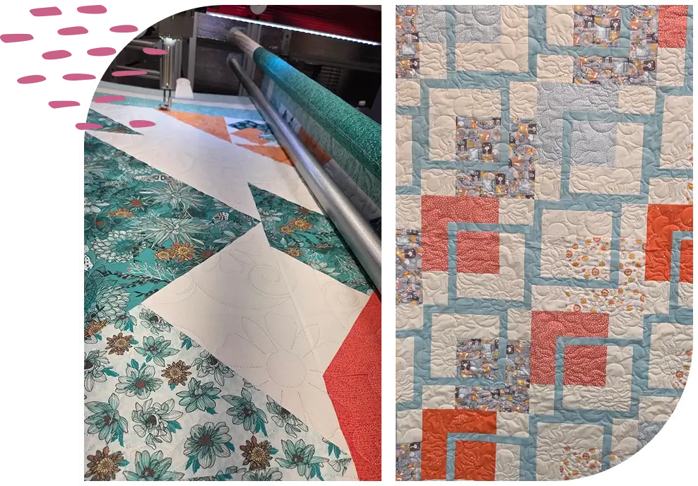 Close-up of a quilt with colorful geometric patterns.